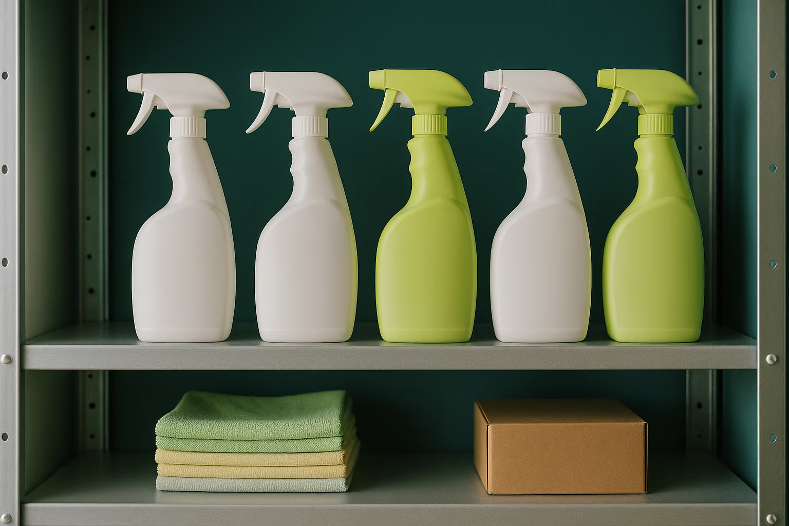 Étagère de produits d'entretien et de chiffons microfibre prêts à être commandés