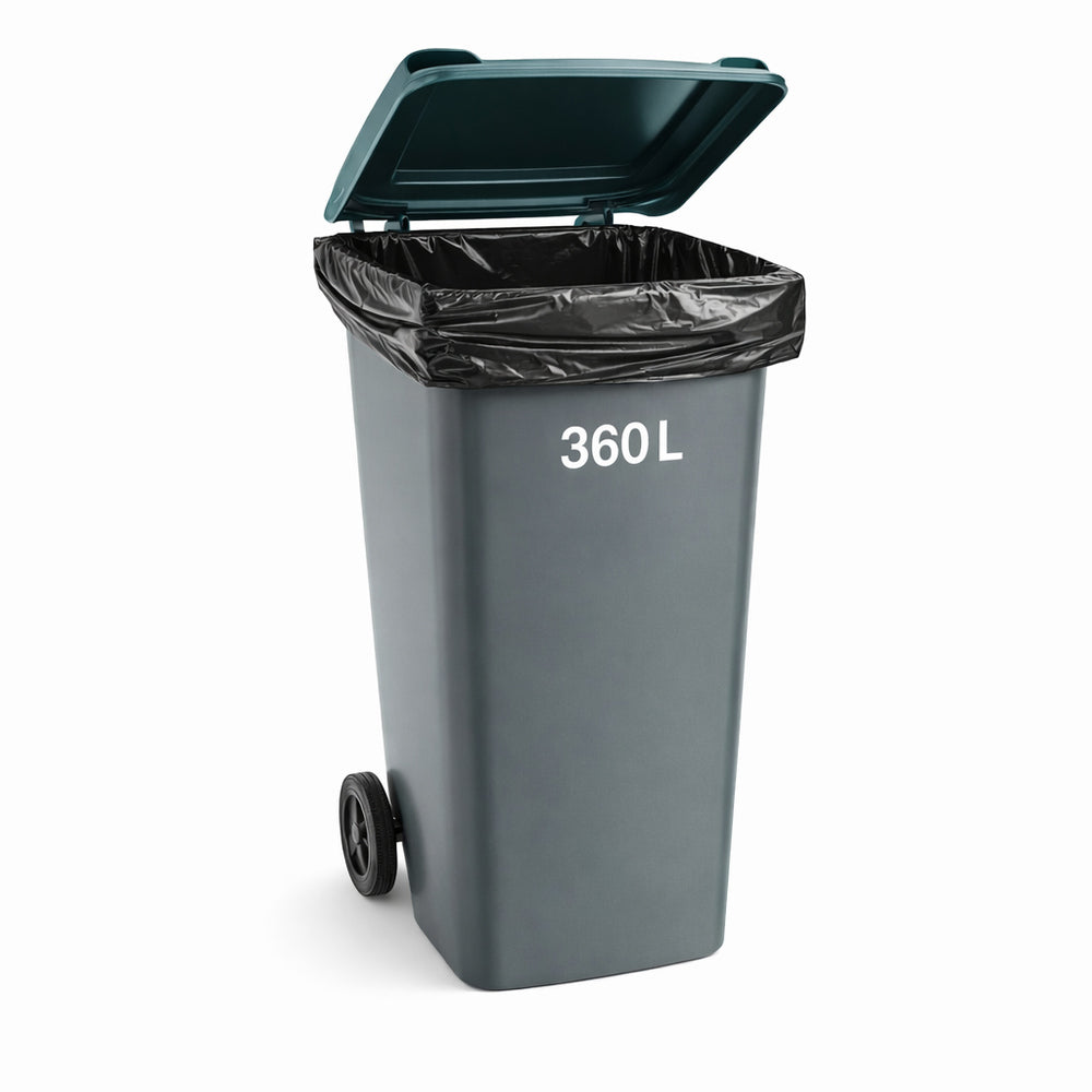 Sacs et housses 360 L — illustration générée par IA : bac gris à deux roues, sac noir, couvercle vert pétrole et marquage 360 L ; bac non fourni