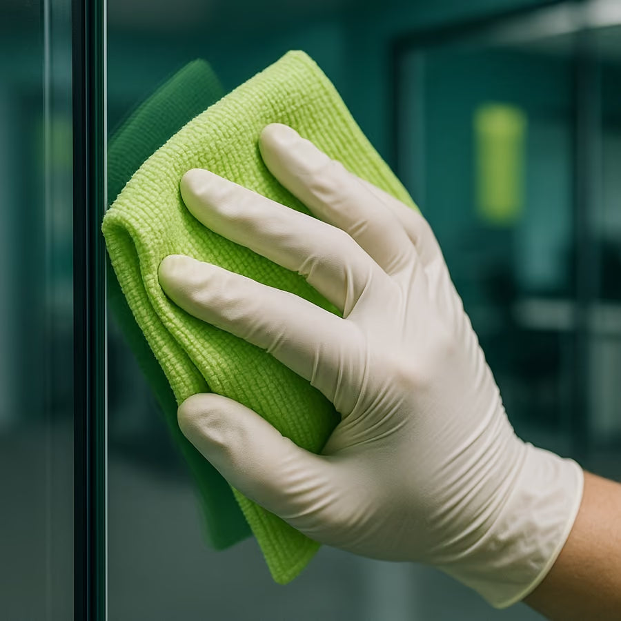 Nettoyage d'une cloison vitrée de bureau à la microfibre