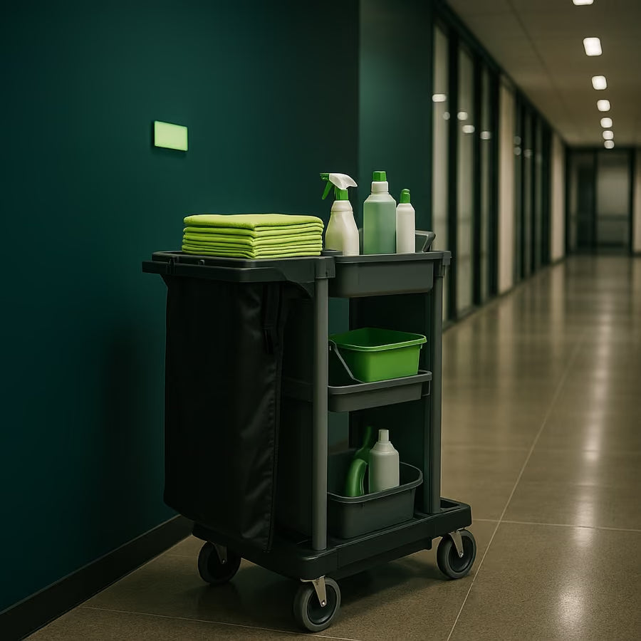 Chariot de nettoyage dans un couloir de bureaux en soirée