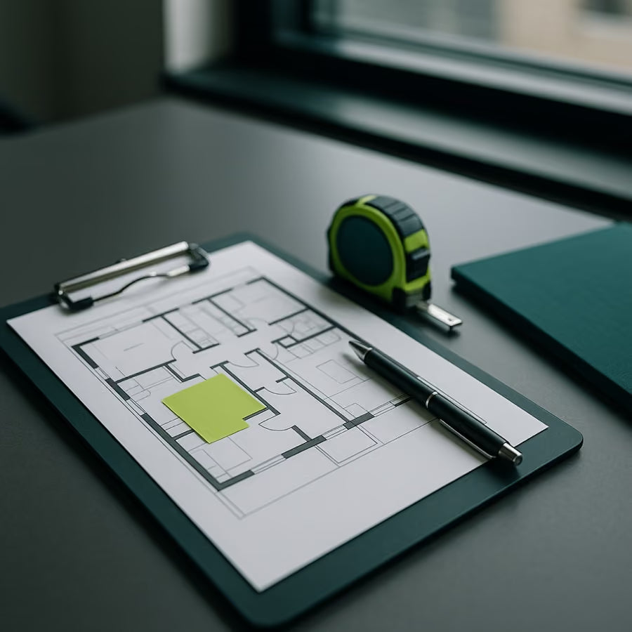 Visite technique : plan des locaux et mètre sur un bureau