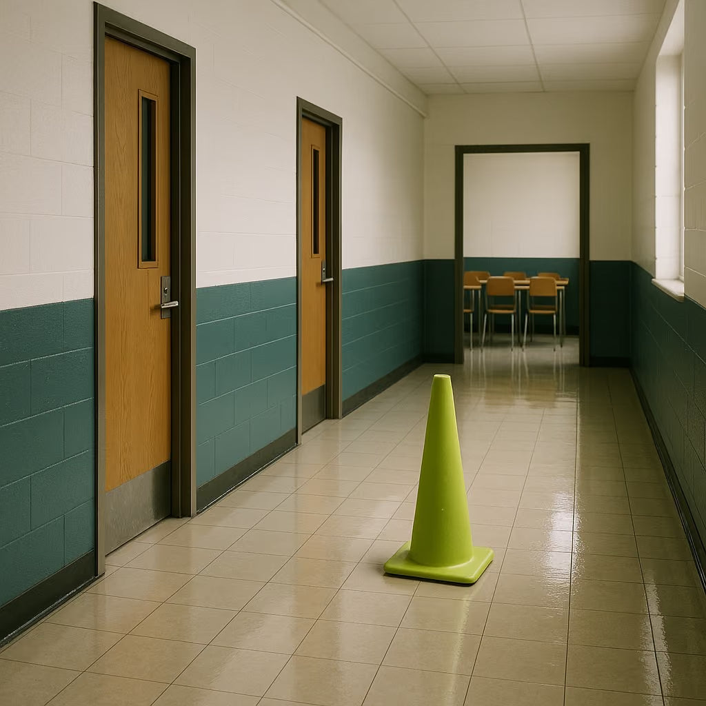 Couloir d'école fraîchement lavé, cône de signalisation en place