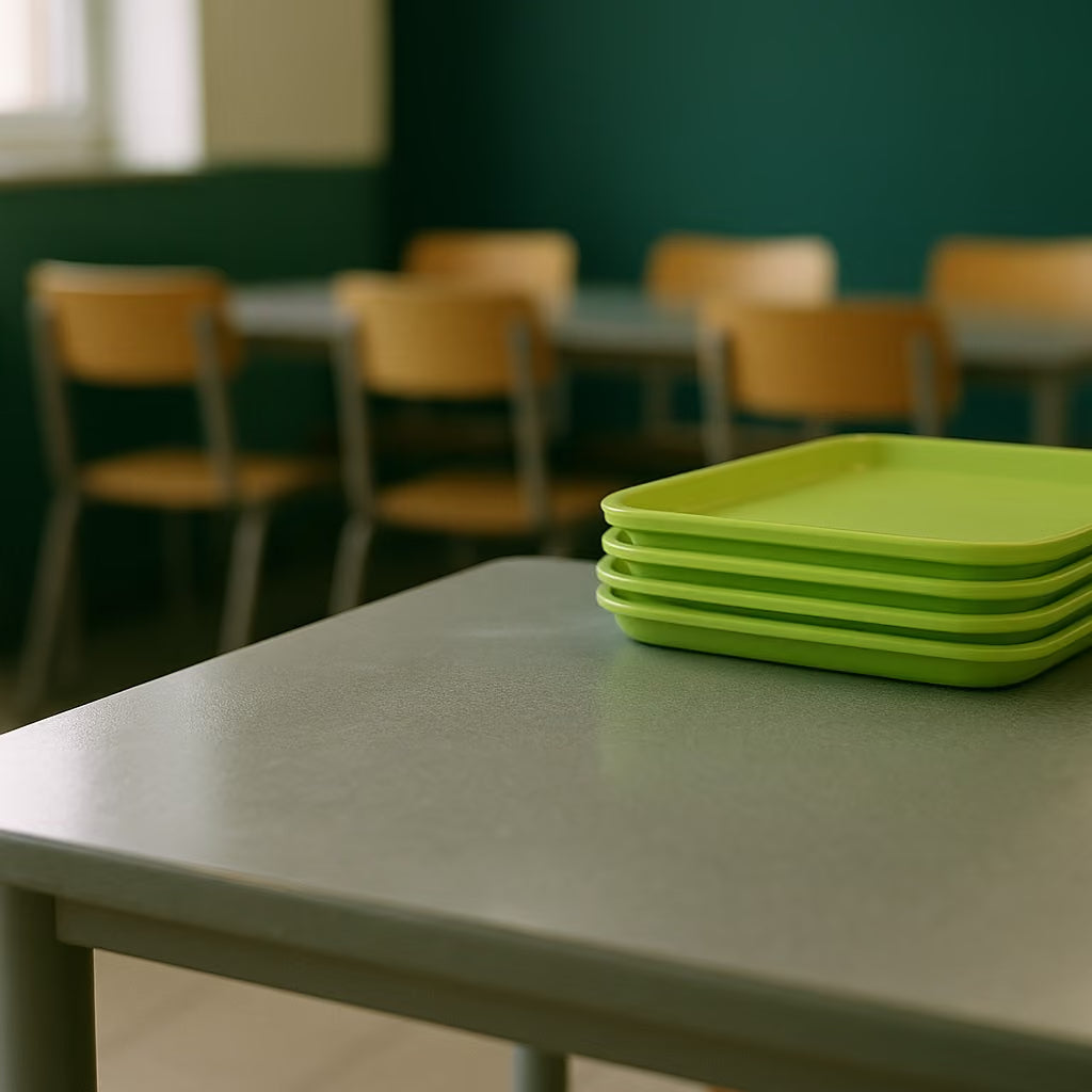 Table de réfectoire essuyée et plateaux empilés