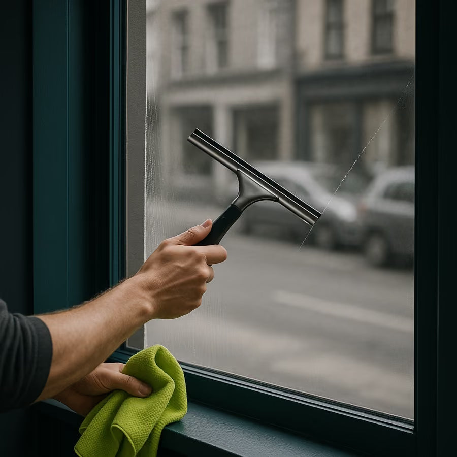 Nettoyage d'une vitrine de commerce à la raclette