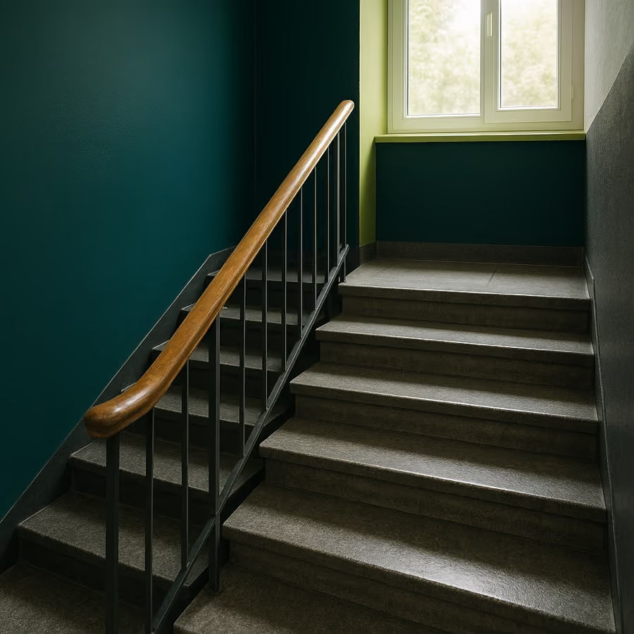 Agent nettoyant la cage d'escalier d'une copropriété
