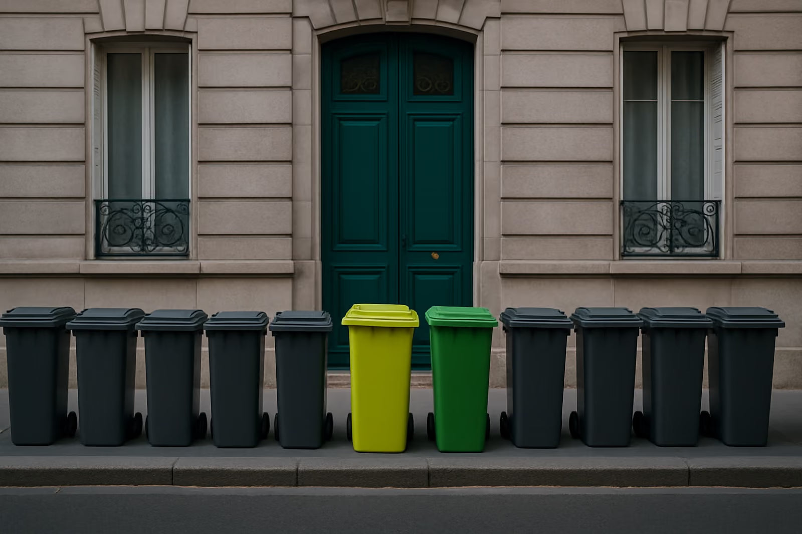 Conteneurs sortis sur le trottoir devant un immeuble